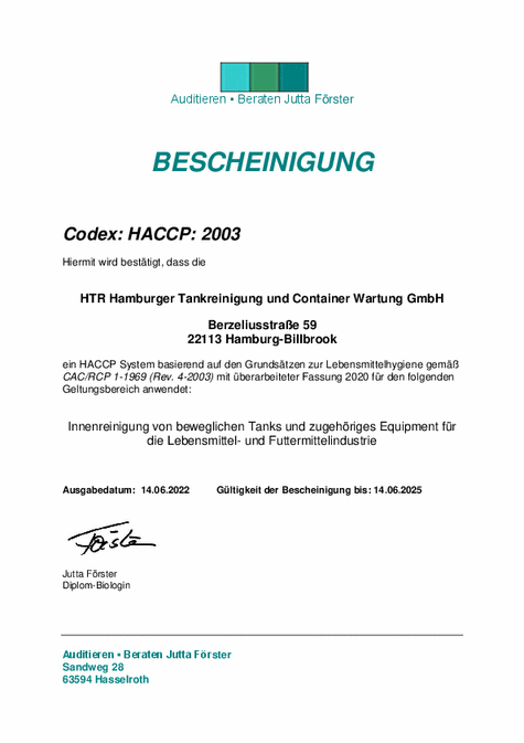 HTR HACCP Certificate 2022